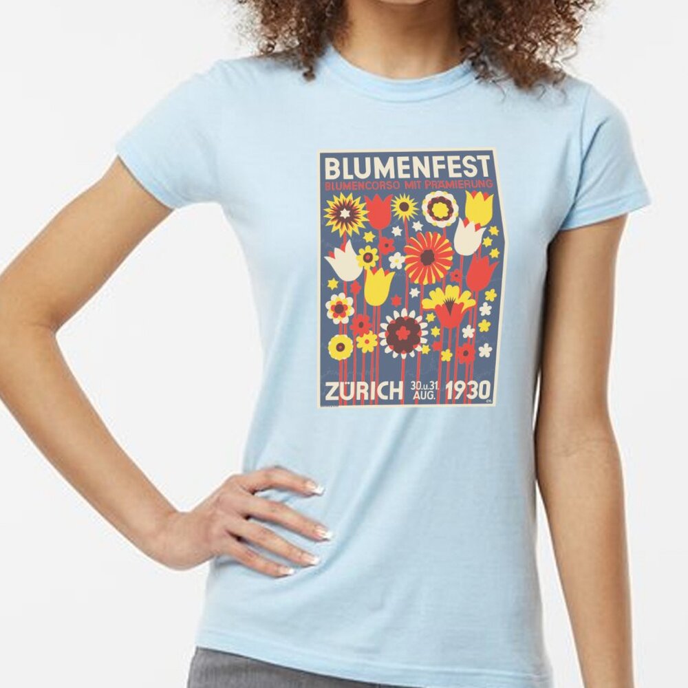 NWT Vintage Print Blumenfest Flower Poster Crew Neck Blue T-shirt